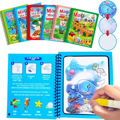 WildProducts - Reusable Magic Water Coloring Painting Book for Kids - Self Drying Water Pen - Fun and Learn Cartoon Educational Drawing Pad (Pack of 2)