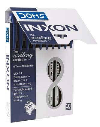 DOMS INXON 0.7mm Needle Tip Blue Ball Pens with Rubberized Grip (Pack of 10)