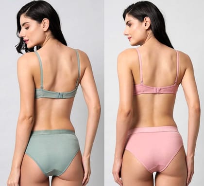 Women's B Cup Padded Cotton Blend Bra & Panty Lingerie Set - Pack of 2 Pink & Green