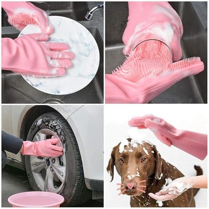 Multi-Purpose Silicone Dishwashing Scrubbing Gloves with Built-in Scrubber - 1 Pair